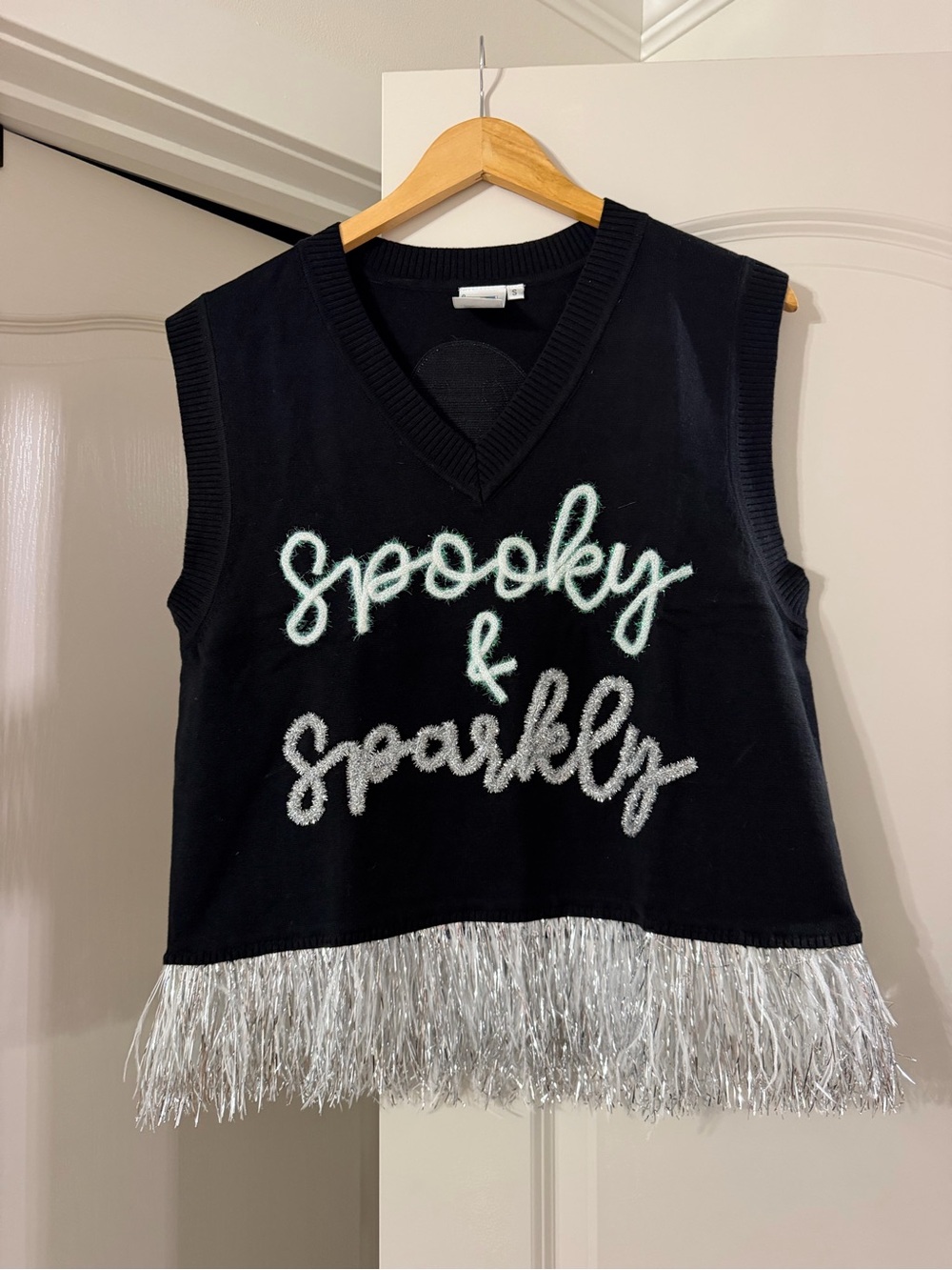 QUEEN OF SPARKLES Black Ghost Sweater Vest with Silver Fringe